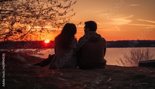 Photo of a couple enjoying a beautiful sunset together on a hill