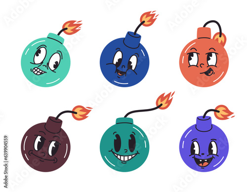 Bombs characters. Cartoon bomb mascots, hand drawn comic bombshells with burning wick. Cute bomb with face emotions flat vector illustration set