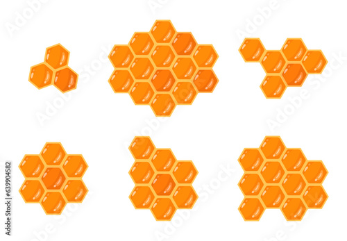 Cartoon honeycombs. Sweet honey geometric hexagonal combs, beekeeping, honeycraft and apiary flat vector illustration set. Polygonal honeycomb with honey