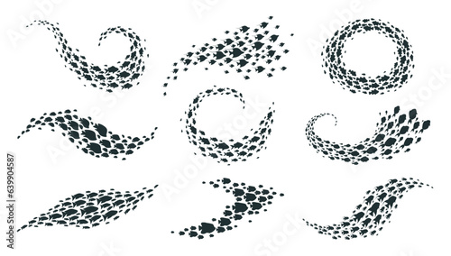 Cartoon tropical fish shoal. Underwater exotic fishes swimming groups, coral reef fauna shoal flat vector illustration set. Fish shoal silhouettes