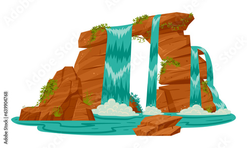 Waterfall scenery. Cartoon tropical streaming water cascade view, mountain rock wild nature waterfall flat vector illustration