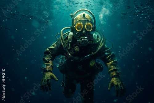 Scuba diver in deep blue water. Underwater photo of a diver.