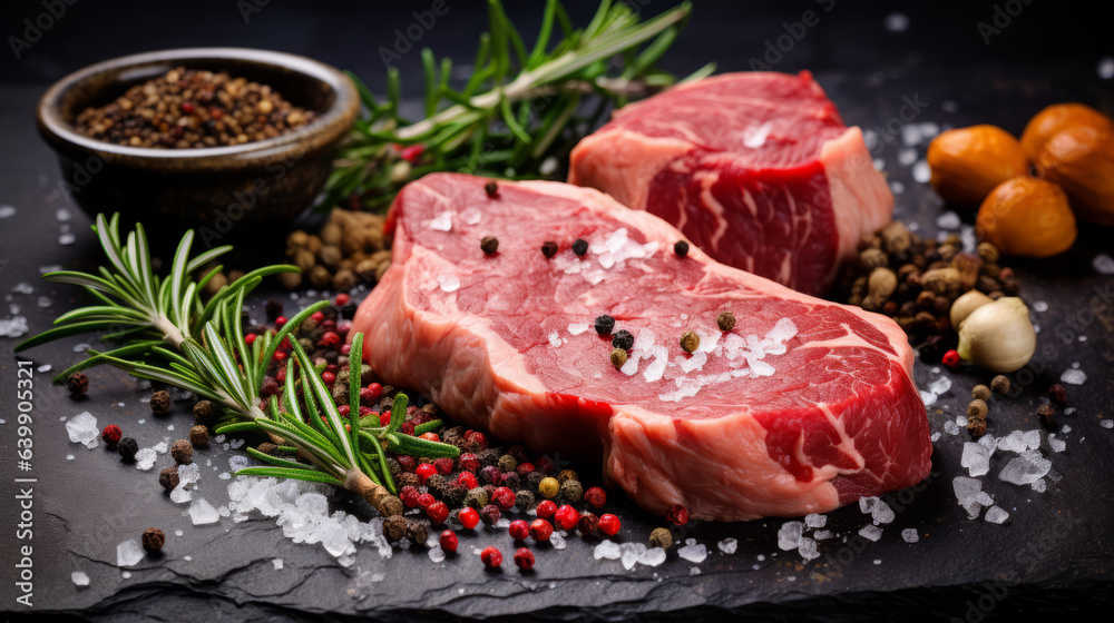 Raw steaks, generously seasoned with pepper, salt, and fragrant rosemary, resting on a dark, textured rock surface Raw steaks, generously seasoned with pepper, salt, and fragrant rosemary, resting on a dark, textured rock surface