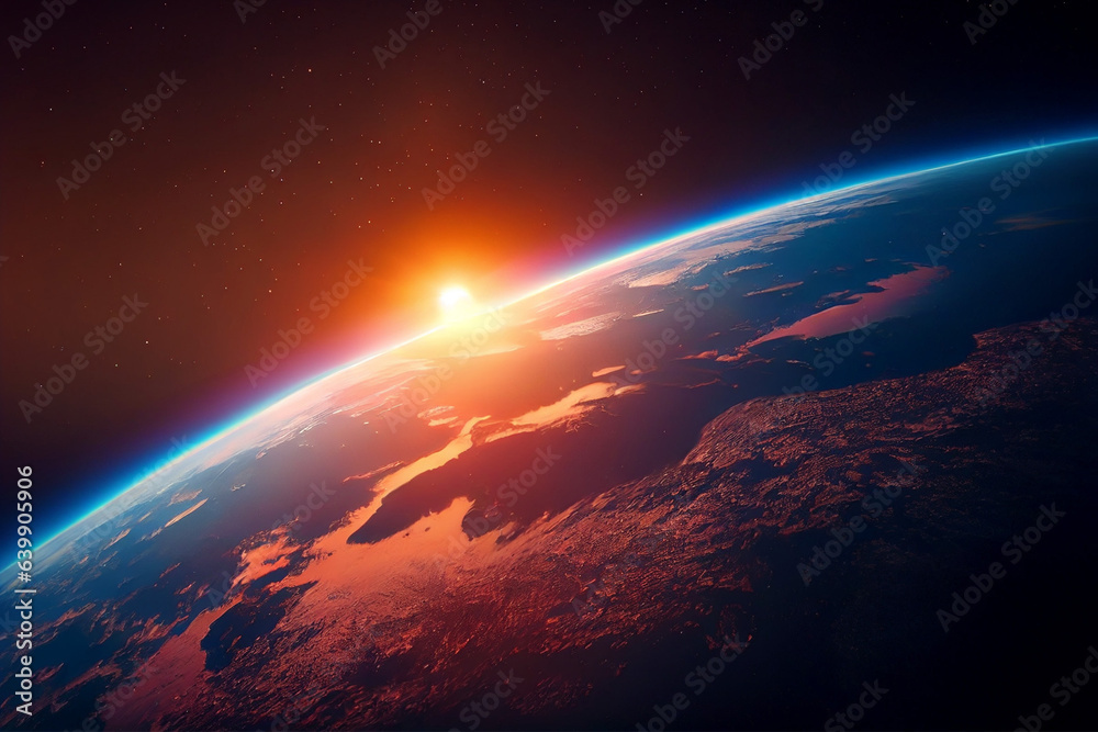 Earth planet sunrise viewed from space. Created with Generative AI technology