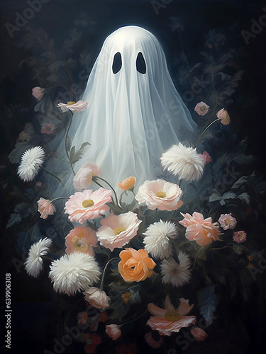 Cute ghost with a bouquet flowers in her hands