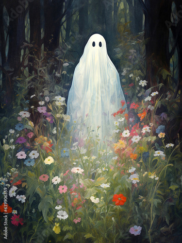 Cute ghost walking in a flowery forest