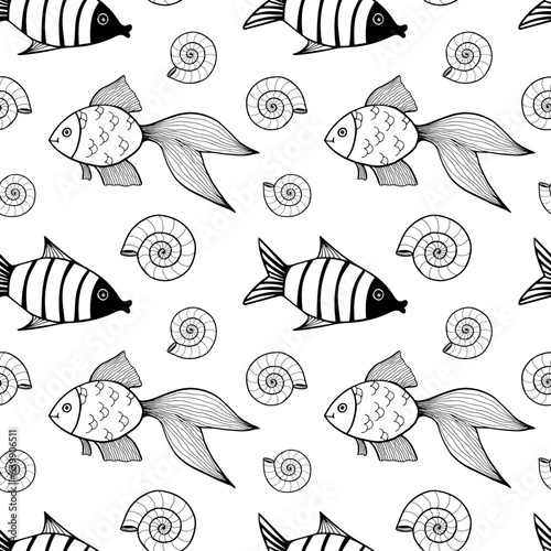 Seamless pattern with fishes and shells. Black and white hand drawn vector illustration. Seamless background. Wallpaper design. Fabric design. Simple vector pattern with cute fishes.

