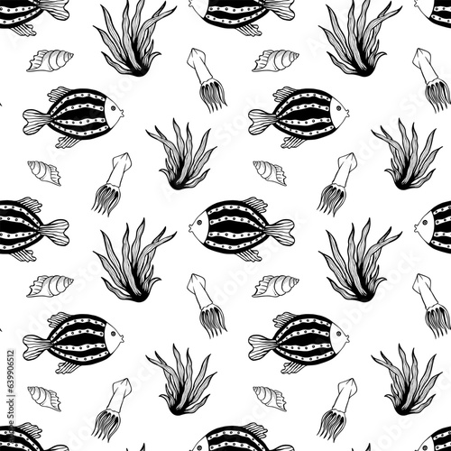 Seamless pattern with fishes, algae, squid and shells. Black and white hand drawn vector illustration. Seamless background. Wallpaper design. Fabric design. Simple vector pattern with cute fishes.