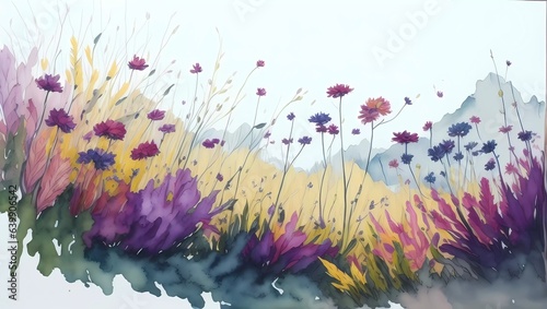 Fondo de Paisaje Floral en Acuarela: Flores Salvajes y Coloridas en un Campo Natural, Pintura Artística con Textura y Salpicaduras de Color