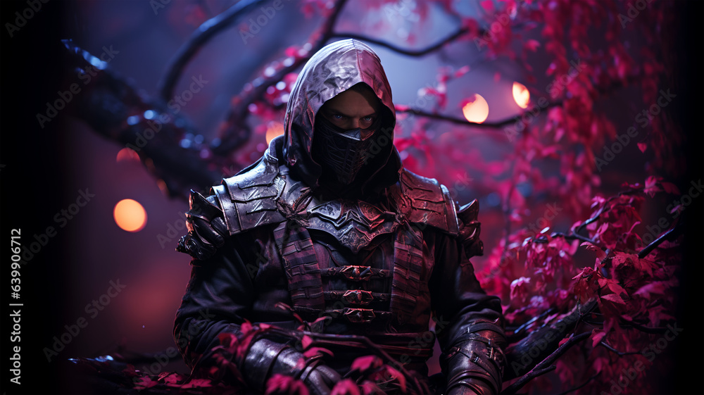 Samurai in beautiful iron armor in a magical forest with neon lights, movie concept Samurai in beautiful iron armor in a magical forest with neon lights, movie concept
