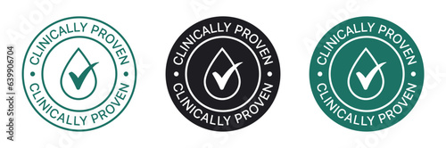 clinically proven stamp label with water drop, leaf and check mark tick icon. dermatologically tested icon, vector logo, product label stickers