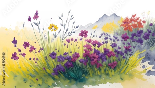 Fondo Explosión Floral en Acuarela: Ilustración de Flores Salvajes y Coloridas en un Paisaje Natural, con Toques de Tinta y Textura Artística
