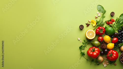 Fresh and healthy vegetable and fruits seen from above isolated in green background with copy space.