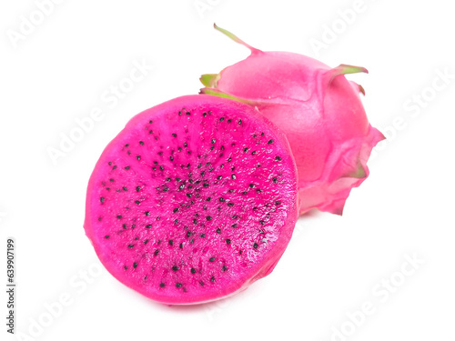 Fresh red or purple dragon fruit species placed on a white background.