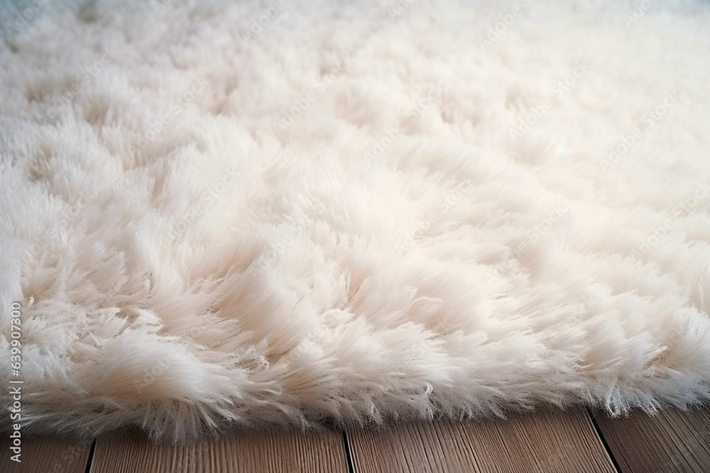 White woolen rug on wooden floor, white plush rug closeup, home product footage White woolen rug on wooden floor, white plush rug closeup, home product footage