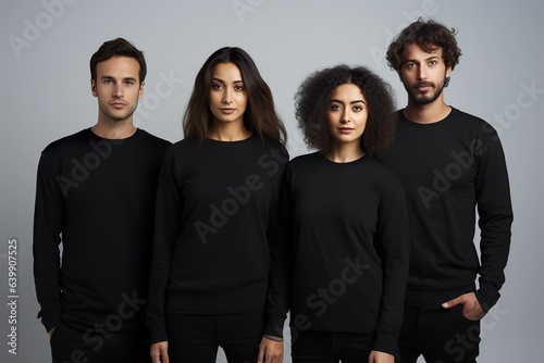 Group of young people in black t-shirt sweatshirt sweater long sleeves on white background, young team, showing young team worker