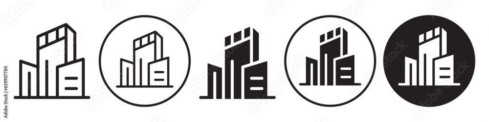 Company icon. Corporate business architecture building symbol. Vector set of urban city skyscraper real estate property. Flat sign of skyline mansion of hotel bank or government. Outline logo of flat