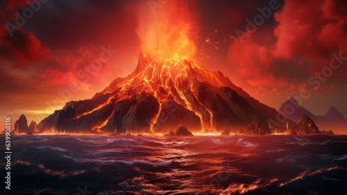 Erupting volcan and lava floating into the ocean created with Generative AI