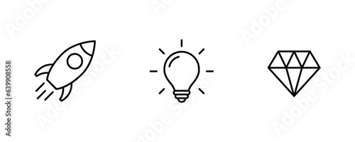 Mission, Vision and Values icon set. company purpose flat icons , diamond, Rocket launch, Light bulb, icon symbol. business creative concept with 3 steps. web page template