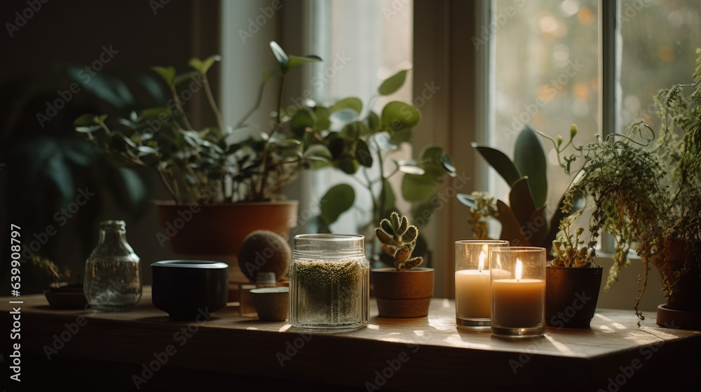 Mindfulness home interior decor, green plants and candles in beautiful afternoon light, natural cozy calm home decoration.