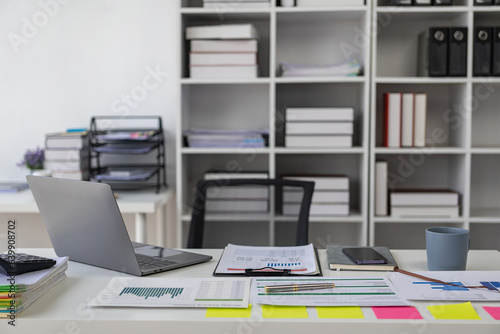 Konstfotografi Workplace schedule, office with reports, consumables and computer flatlays, financial and business concepts