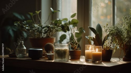 Mindfulness home interior decor  green plants and candles in beautiful afternoon light  natural cozy calm home decoration.