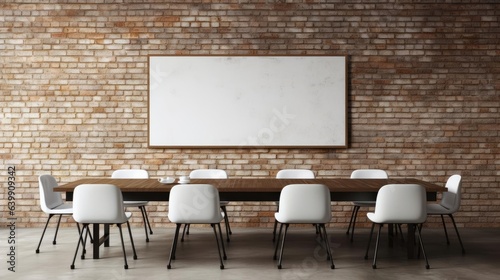 Front view of empty modern conference room with office table and chairs with dark brick cement wall