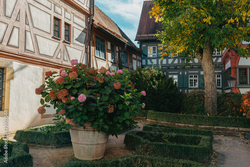 Beautiful Garden and Old National German Half-Timbered houses Town House in Bietigheim-Bissingen, Baden-Wuerttemberg, Germany, Europe. Old Town is full of colorful and well preserved buildings. © andreiko