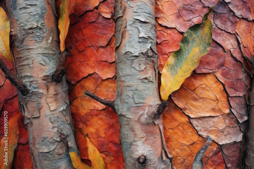 A detailed photograph showcasing the intricate patterns, textures, and colors of tree bark, creating a captivating background. AI Generate.