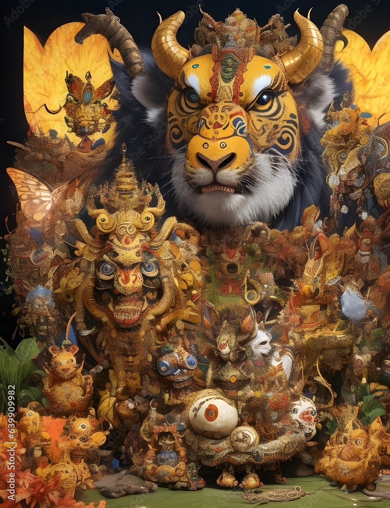 A captivating image of Ogoh Ogoh Bali Barong, Reog Jawa Leak Bali, and Ponorogo Robot, surrounded by a flurry of butterflies, caterpillars, snakes, birds, bees, rats, cats, buffaloes, goats