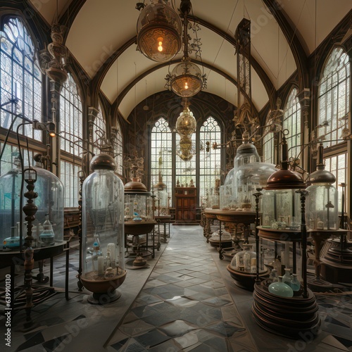 Historic laboratory with glass bulbs and big windows created with Generative AI
