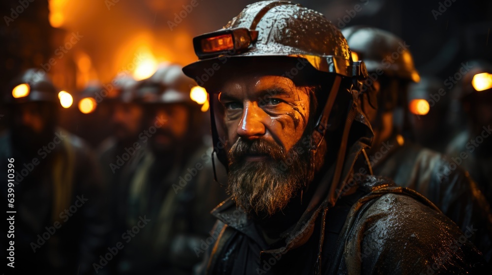 Miner man working in the mine with a hard hat on his head.