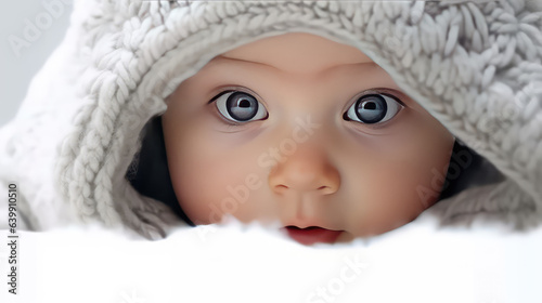 Portrait of Cute baby peeking out on white background, hiding, happy eyes, copy space. 