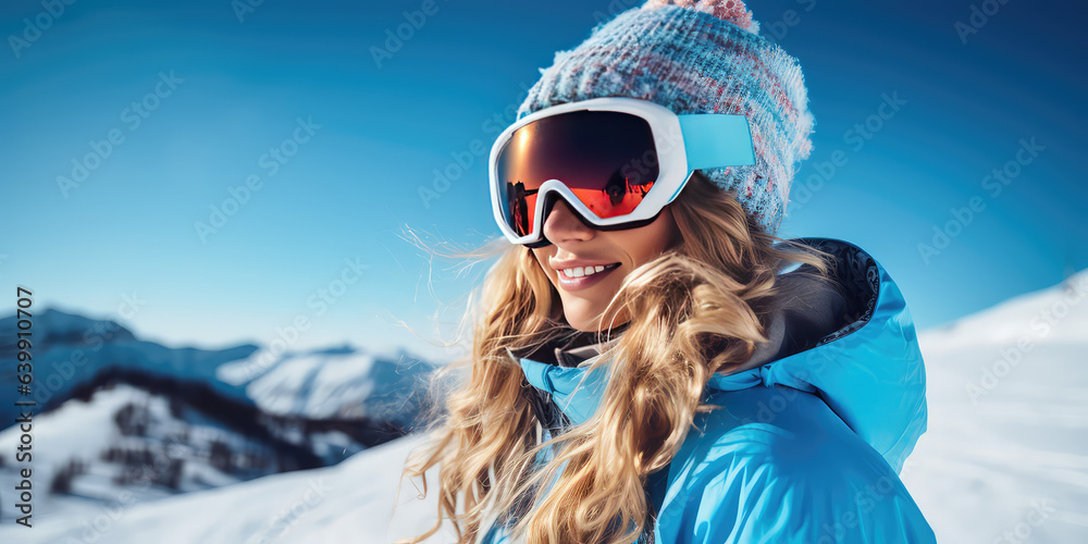 Portrait of snowboarder smiling happy young woman in blue suit goggles mask, hat, ski padded jacket.  - obrazy, fototapety, plakaty 