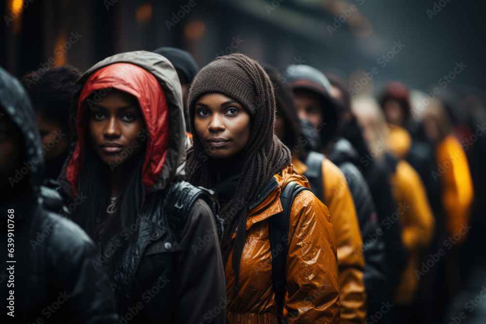 Food Insecurity. Individuals waiting in line for food assistance, highlighting the challenges of access to nutritious food. Generative AI. Food Insecurity. Individuals waiting in line for food assistance, highlighting the challenges of access to nutritious food. Generative AI.
