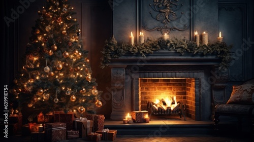 Interior of luxurious living room with Christmas decoration. Blazing fireplace, garlands and burning candles, elegant Christmas tree, gift boxes. Christmas and New Year celebration concept.