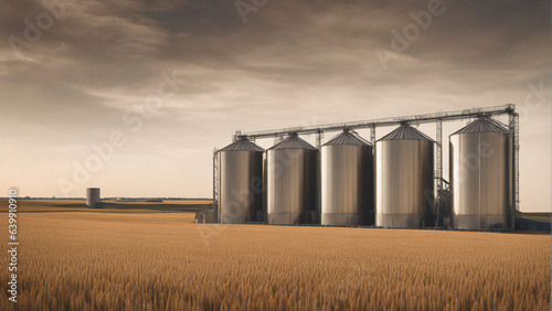 Silos in a wheat field. Storage of agricultural production.