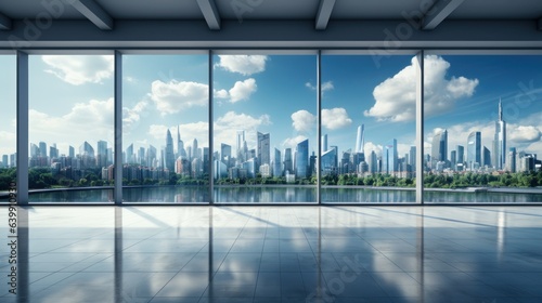 Interior of modern luxury open space area for office or loft apartment. Glossy tile floor, huge floor-to-ceiling windows with pond and urban skyscrapers view. Template, 3D rendering.