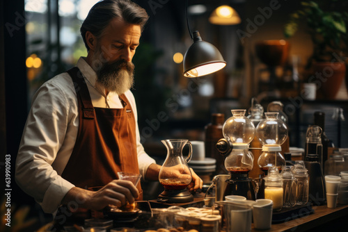 Coffee Culture. Barista preparing a cup of specialty coffee  capturing the art of coffee-making and the coffee shop ambiance. Generative Ai.