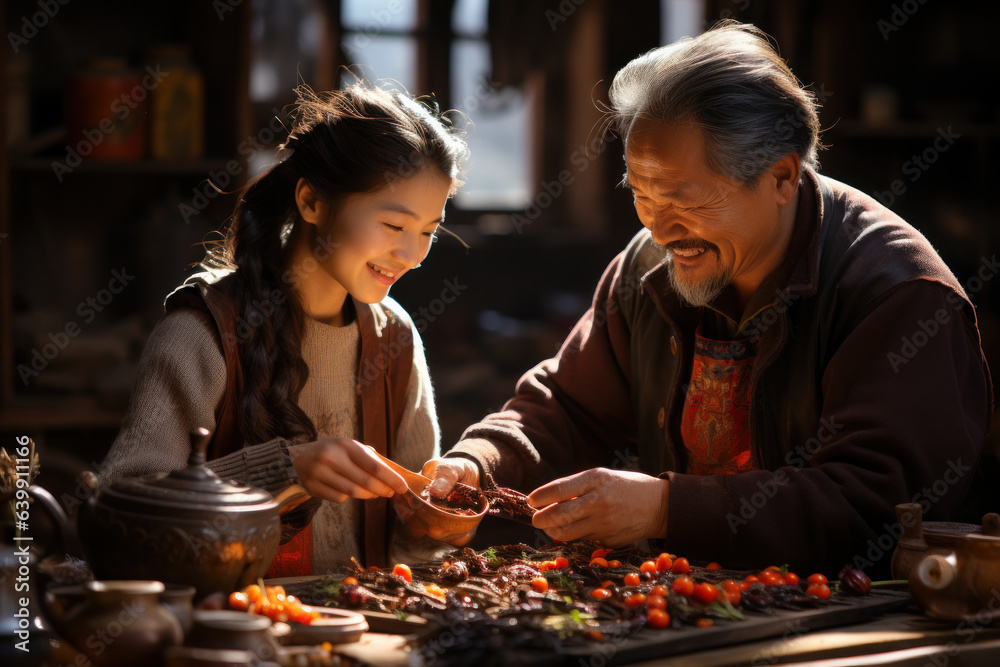 Culinary Traditions. Family members preparing a traditional recipe passed down through generations, symbolizing culinary heritage. Generative Ai.