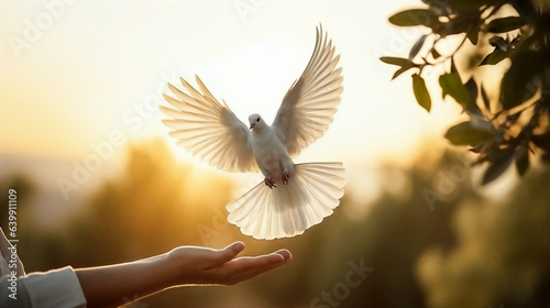 Fotografia, Obraz Hand and dove. Generative AI
