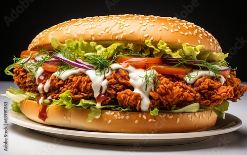 Fried chicken sandwich with lettuce and mayo isolated on black background photo