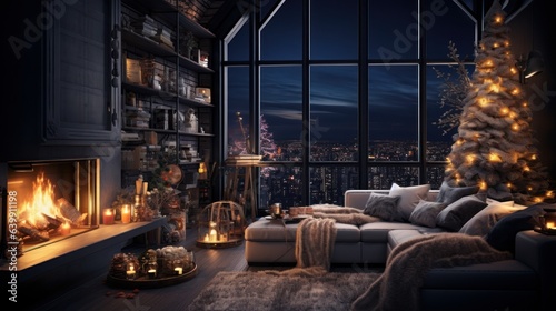 Interior of modern cozy luxurious loft style studio with Christmas decor. Blazing fireplace, burning candles, elegant Christmas tree, comfortable couches, home decor, panoramic windows with city view.