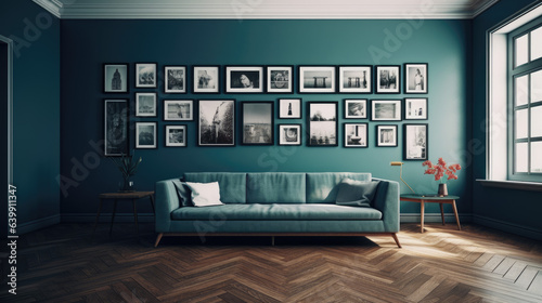 minimal design appartment, a wall with 2 or 3 picture frames, modern living-room, colourful furniture, perpendicular composition, center perspective, very detailed, photorealistic, photographic.