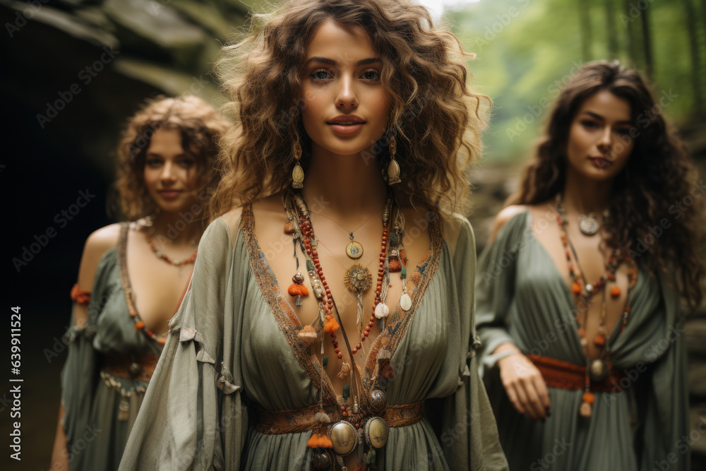 Boho Chic. Group of friends wearing flowing dresses and bohemian accessories in a natural setting, reflecting boho fashion. Generative Ai. Boho Chic. Group of friends wearing flowing dresses and bohemian accessories in a natural setting, reflecting boho fashion. Generative Ai.