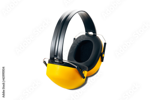 Yellow headphones against noise isolated on transparent background