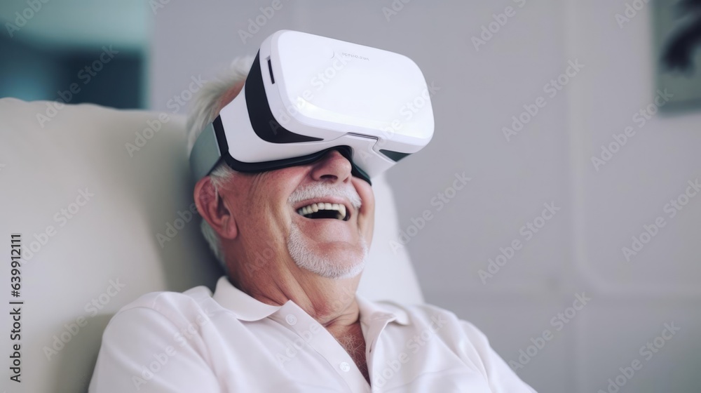 Happy old man wearing VR technology headset on sofa in white living room Happy old man wearing VR technology headset on sofa in white living room