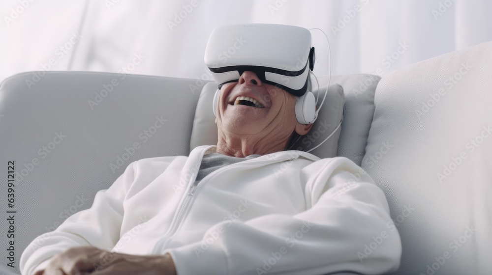 Happy old man wearing VR technology headset on sofa in white living room Happy old man wearing VR technology headset on sofa in white living room