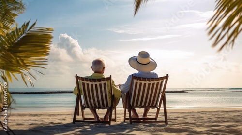 Happy seniors enjoying of retirement on beachchair with a beach in morning near palm tree © Fred