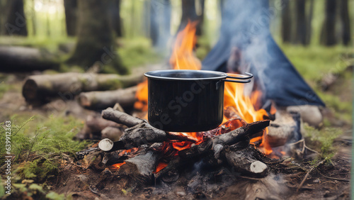Metal campfire enamel mug with hot herbal tea on campfire. a pot of water boiling over a fire and a flame. Preparing food on campfire in wild camping